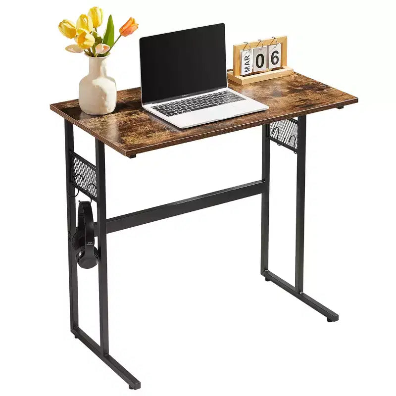 32/44 po. Petit bureau d'ordinateur, bureau d'écriture en bois avec rangement et crochet pour maison ou chambre à coucher, marron