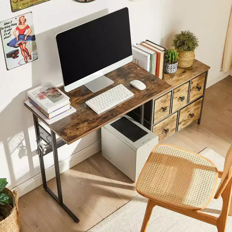 32/44 po. Petit bureau d'ordinateur, bureau d'écriture en bois avec rangement et crochet pour maison ou chambre à coucher, marron