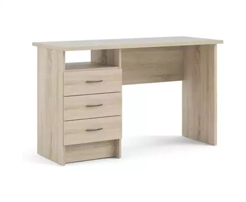 Bureau de 71 cm de haut en bois beige avec compartiment de rangement dissimulé