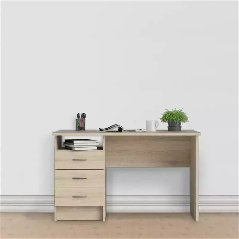 Bureau de 71 cm de haut en bois beige avec compartiment de rangement dissimulé