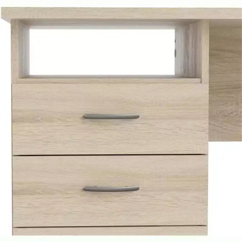 Bureau de 71 cm de haut en bois beige avec compartiment de rangement dissimulé