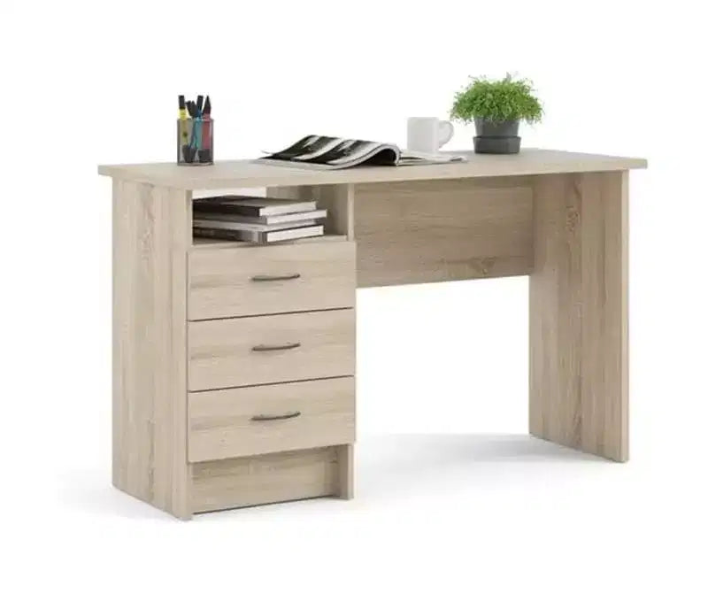 Bureau de 71 cm de haut en bois beige avec compartiment de rangement dissimulé