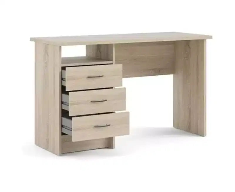 Bureau de 71 cm de haut en bois beige avec compartiment de rangement dissimulé