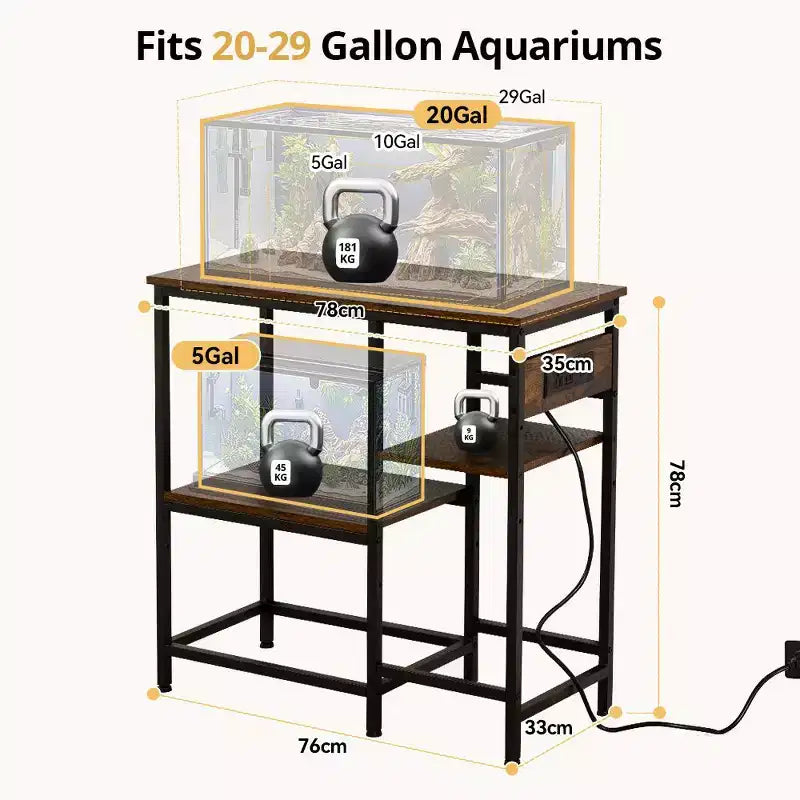 Meuble pour aquarium de 75-110 litres - Support métallique robuste avec étagère de rangement