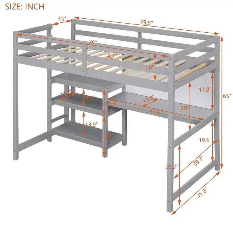 Lit mezzanine en bois, taille double, 79,5 L x 56,5 l, avec étagères, bureau et tableau d'écriture, polyvalence infinie