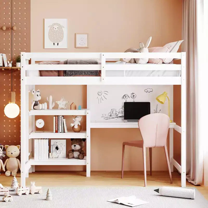 Lit mezzanine en bois, taille double, 79,5 L x 56,5 l, avec étagères, bureau et tableau d'écriture, polyvalence infinie