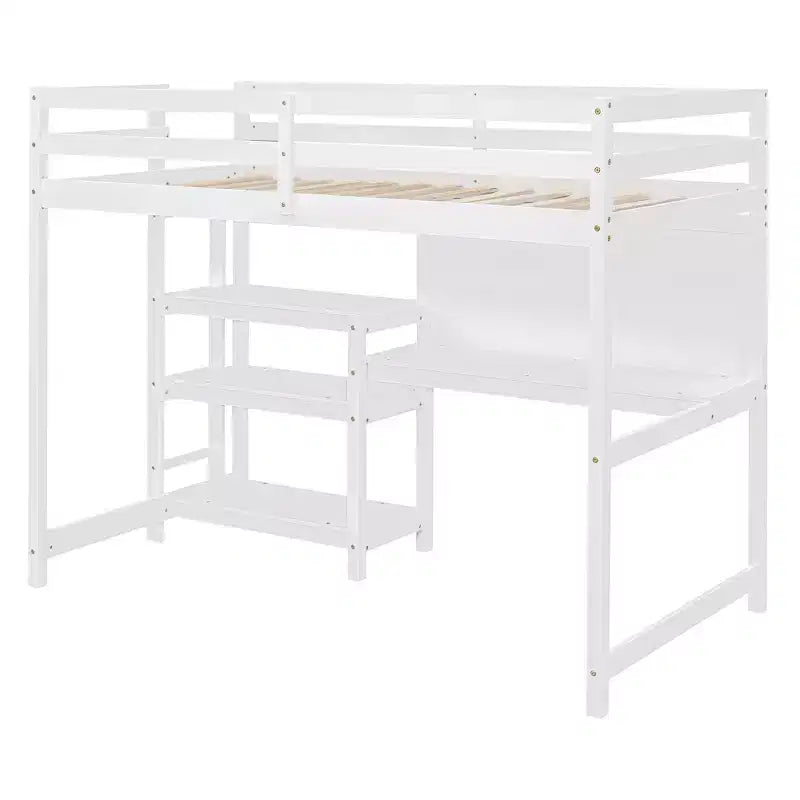 Lit mezzanine en bois, taille double, 79,5 L x 56,5 l, avec étagères, bureau et tableau d'écriture, polyvalence infinie