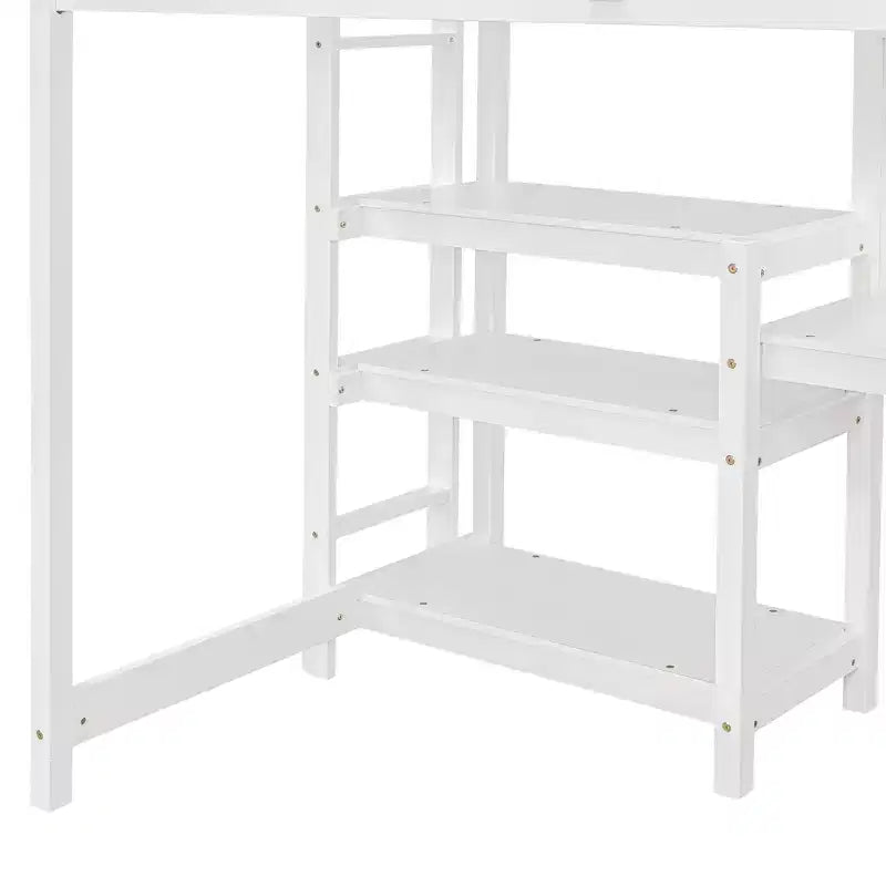 Lit mezzanine en bois, taille double, 79,5 L x 56,5 l, avec étagères, bureau et tableau d'écriture, polyvalence infinie