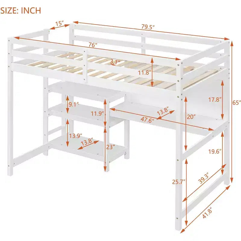 Lit mezzanine en bois, taille double, 79,5 L x 56,5 l, avec étagères, bureau et tableau d'écriture, polyvalence infinie