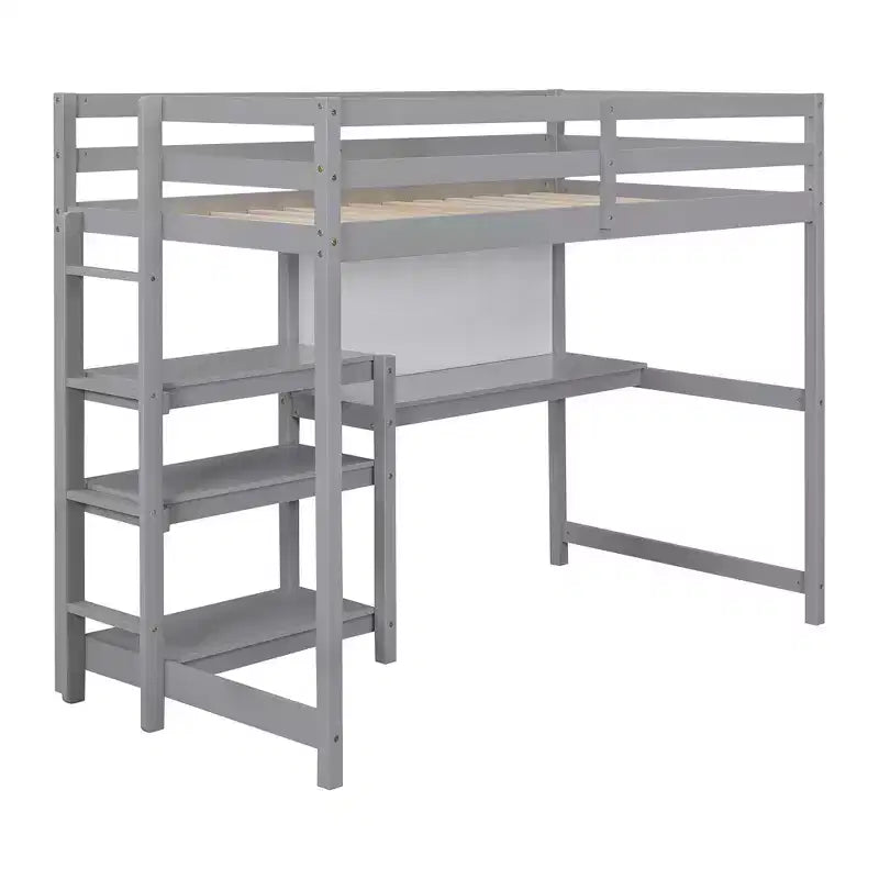 Lit mezzanine en bois, taille double, 79,5 L x 56,5 l, avec étagères, bureau et tableau d'écriture, polyvalence infinie