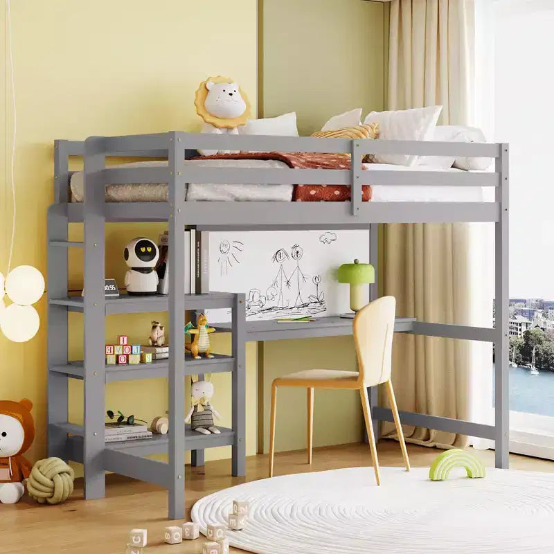 Whisen 79.5L x 56.5W Twin Size Wooden Loft Bed with Shelves, Desk and Writing Board, Versatility galore