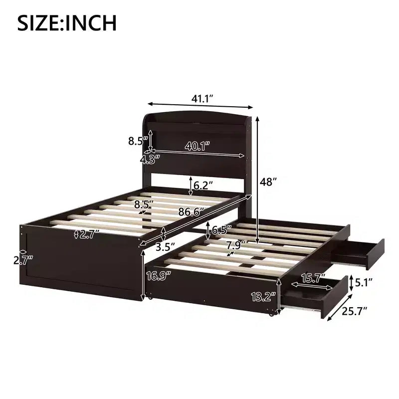 Lit plateforme Twin XL avec rangement et tête de lit LED, station de charge, lit gigogne simple et 2 tiroirs