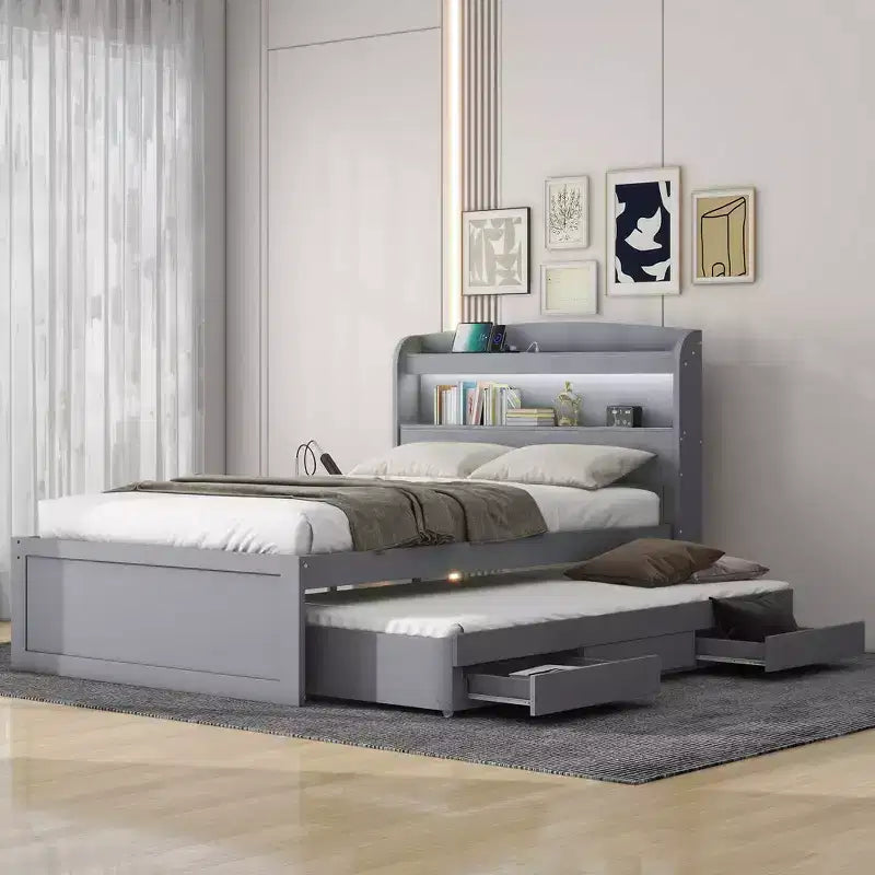 Lit plateforme Twin XL avec rangement et tête de lit LED, station de charge, lit gigogne simple et 2 tiroirs