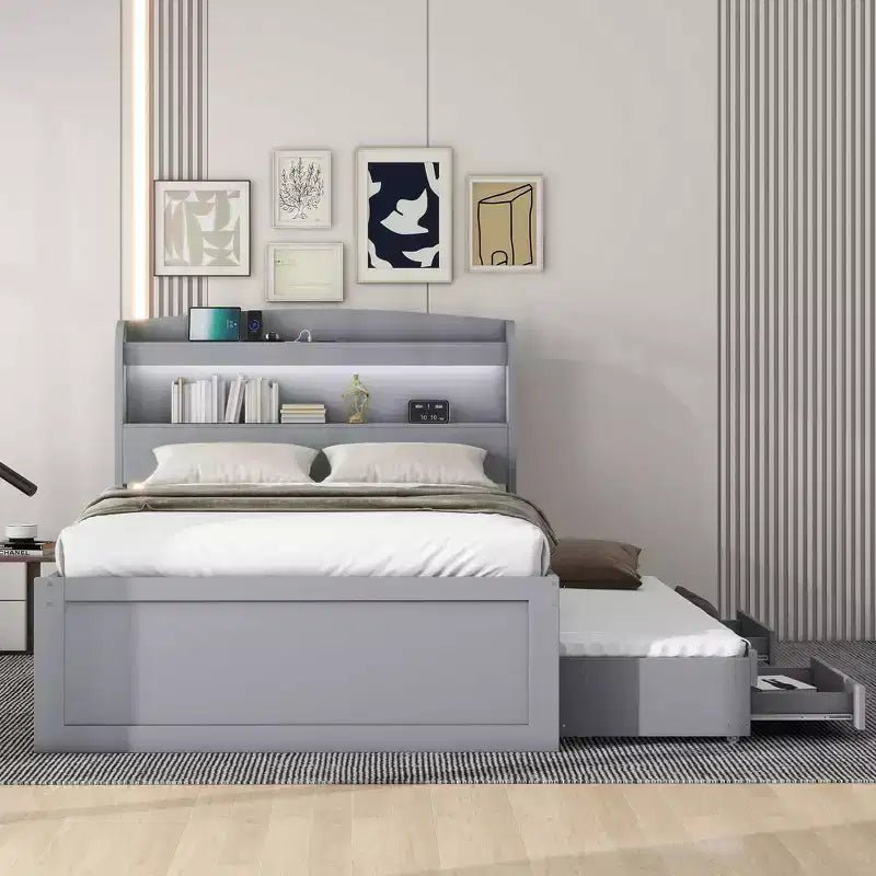 Lit plateforme Twin XL avec rangement et tête de lit LED, station de charge, lit gigogne simple et 2 tiroirs