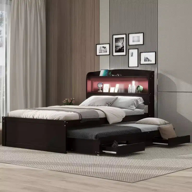 Lit plateforme Twin XL avec rangement et tête de lit LED, station de charge, lit gigogne simple et 2 tiroirs