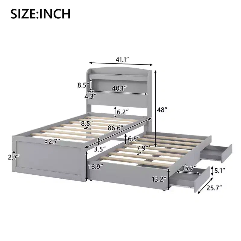 Lit plateforme Twin XL avec rangement et tête de lit LED, station de charge, lit gigogne simple et 2 tiroirs