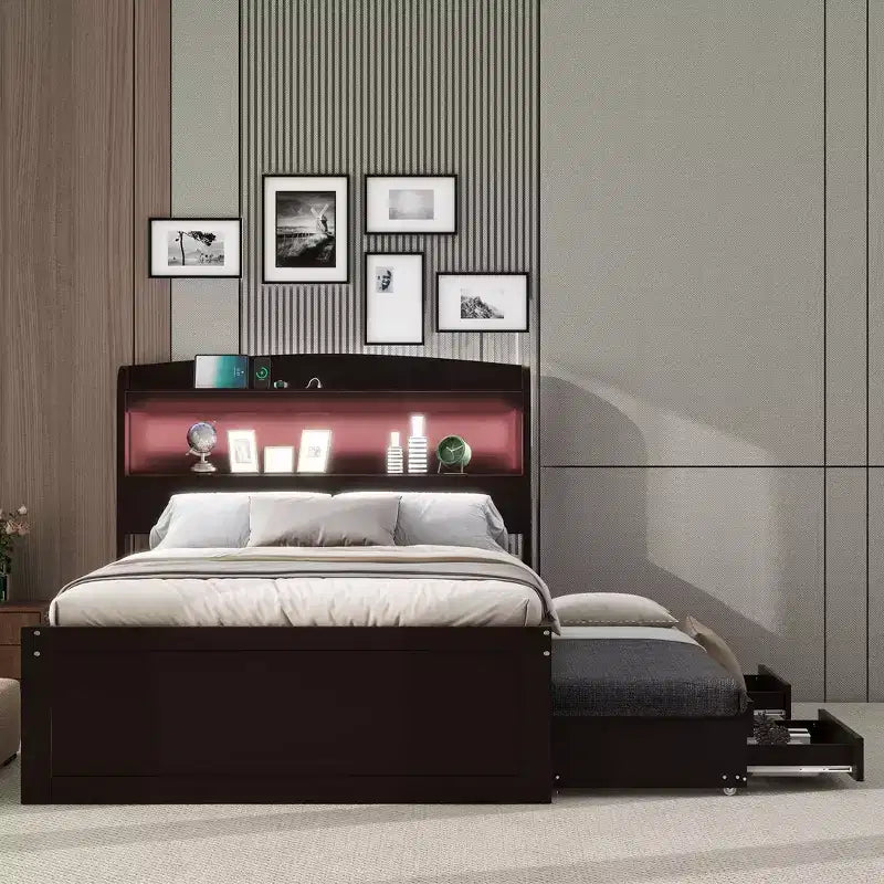 Lit plateforme Twin XL avec rangement et tête de lit LED, station de charge, lit gigogne simple et 2 tiroirs