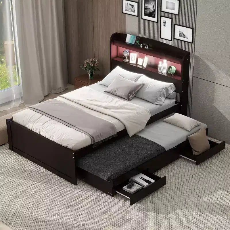 Lit plateforme Twin XL avec rangement et tête de lit LED, station de charge, lit gigogne simple et 2 tiroirs
