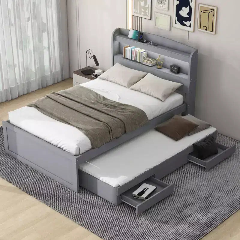 Whisen Twin XL Size Platform Bed with Storage LED Headboard, Charging Station, Twin Size Trundle and 2 Drawers