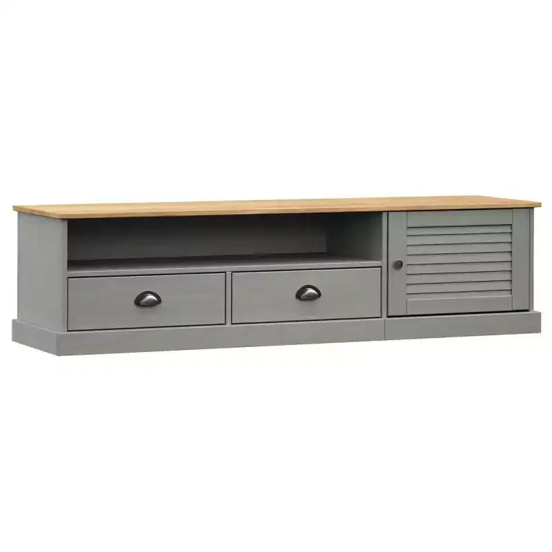 vidaXL Solid Pine Wood VIGO TV Stand - Gray Media Console with Drawers, Entertainment Center, and Shutter Door Design for Living Room