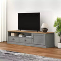 Meuble TV en bois de pin massif – Console multimédia grise avec tiroirs, meuble de divertissement et portes persiennes pour salon