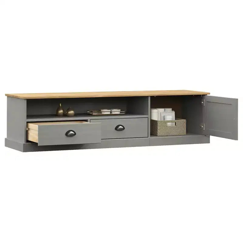 Meuble TV en bois de pin massif – Console multimédia grise avec tiroirs, meuble de divertissement et portes persiennes pour salon