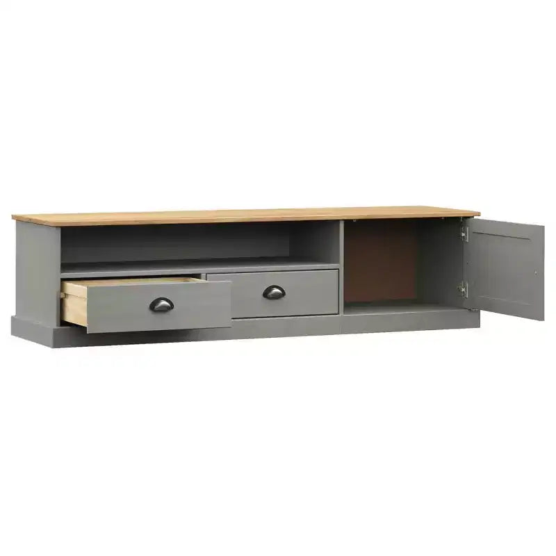 Meuble TV en bois de pin massif – Console multimédia grise avec tiroirs, meuble de divertissement et portes persiennes pour salon