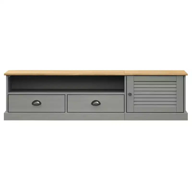 Meuble TV en bois de pin massif – Console multimédia grise avec tiroirs, meuble de divertissement et portes persiennes pour salon
