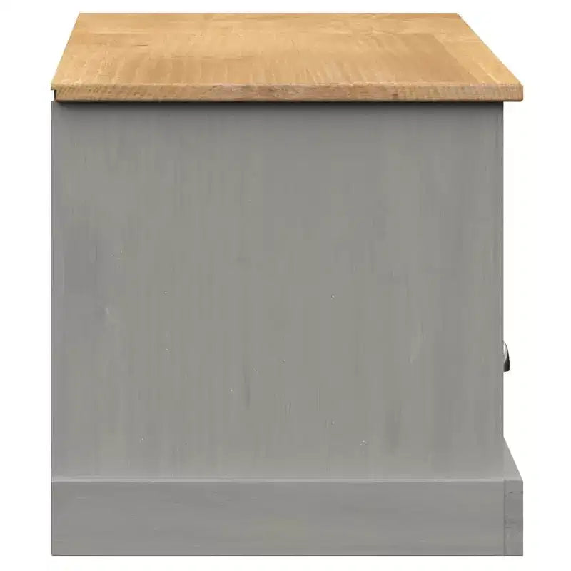 Meuble TV en bois de pin massif – Console multimédia grise avec tiroirs, meuble de divertissement et portes persiennes pour salon