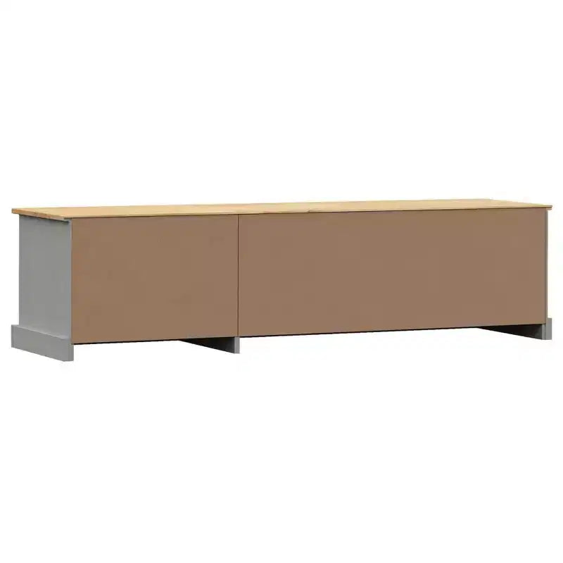 Meuble TV en bois de pin massif – Console multimédia grise avec tiroirs, meuble de divertissement et portes persiennes pour salon