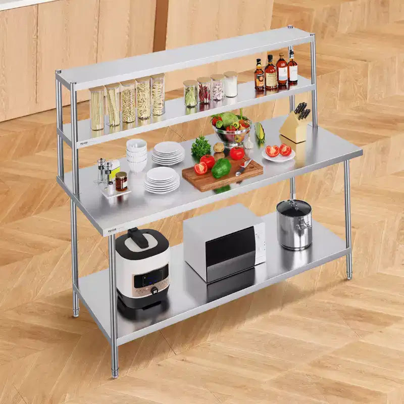Double étagère supérieure, Double étagère supérieure en acier inoxydable, Double étagère supérieure de 30 x 183 cm, Étagère supérieure réglable en hauteur pour table de préparation