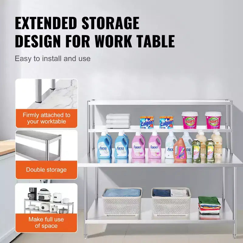 Double étagère supérieure, Double étagère supérieure en acier inoxydable, Double étagère supérieure de 30 x 183 cm, Étagère supérieure réglable en hauteur pour table de préparation