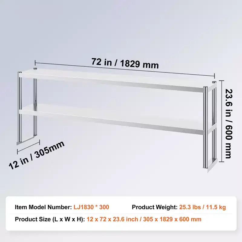 Double étagère supérieure, Double étagère supérieure en acier inoxydable, Double étagère supérieure de 30 x 183 cm, Étagère supérieure réglable en hauteur pour table de préparation