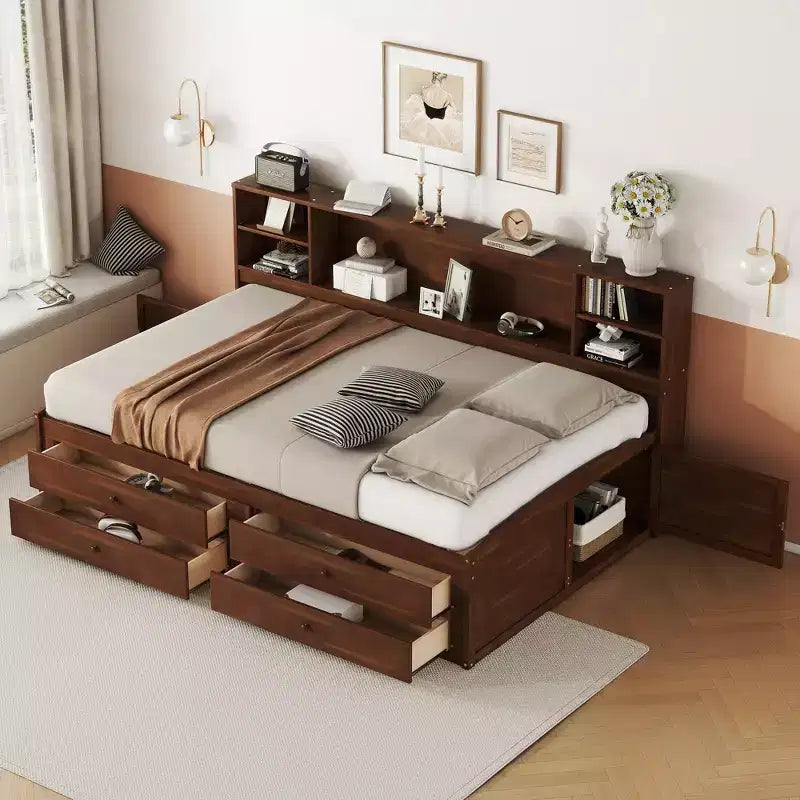 Whisen Full Size Wooden Captain Bed Platform Bed with Built-in Storage Shelves, Drawers and Cabinets - Antique Brown