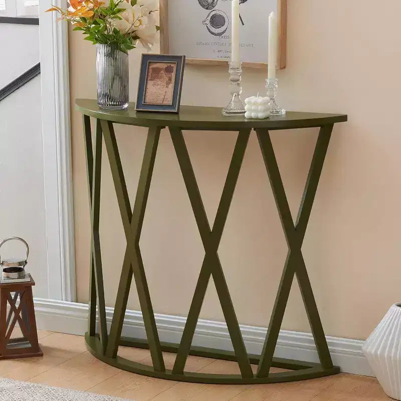 Kings Brand Furniture Vienna Side End Table Half-Moon or Round with X-Motif Design, Modern Accent for Living Room or Bedroom