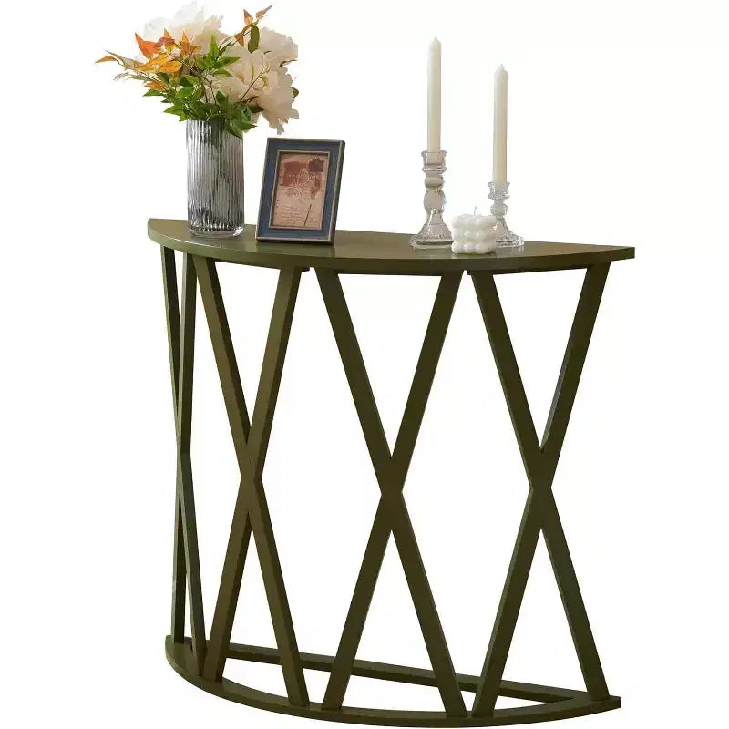 Table d'appoint demi-lune ou ronde avec motif en X, accent moderne pour salon ou chambre à coucher
