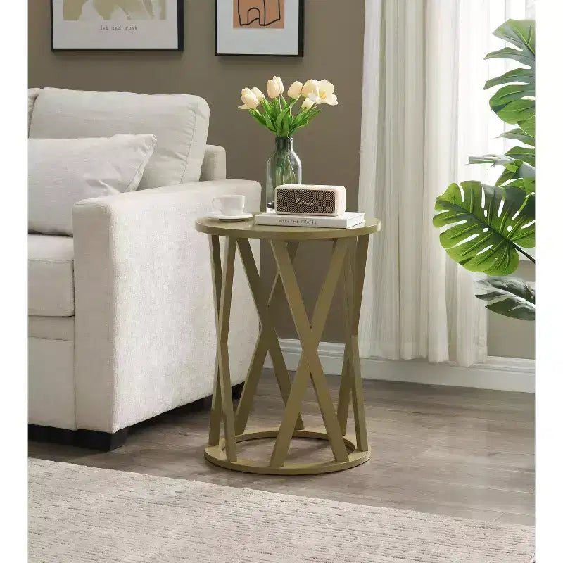 Table d'appoint demi-lune ou ronde avec motif en X, accent moderne pour salon ou chambre à coucher