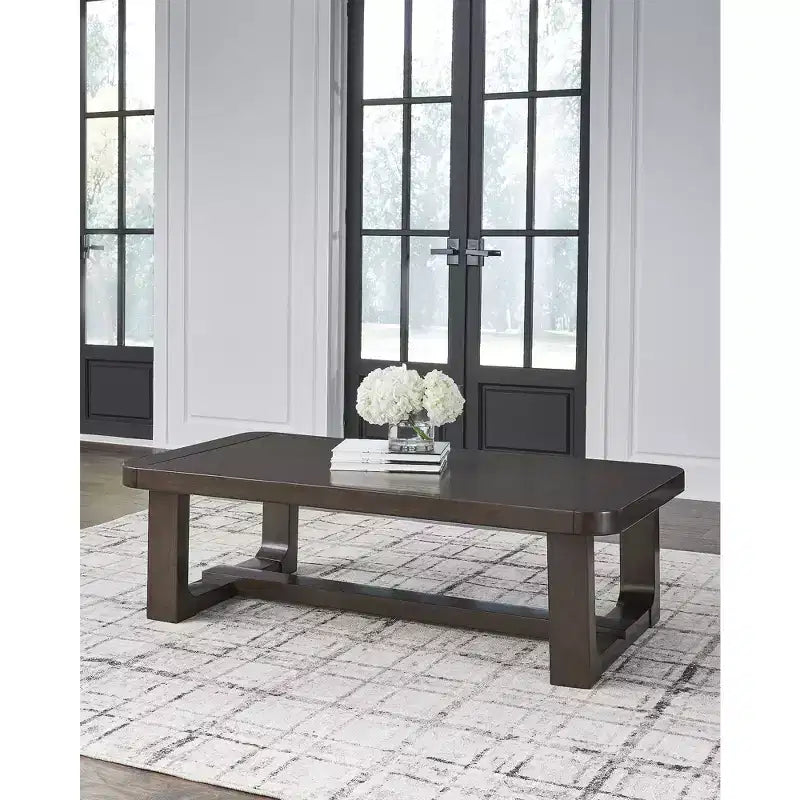 Table basse rectangulaire moderne avec rebord en bois massif, marron foncé