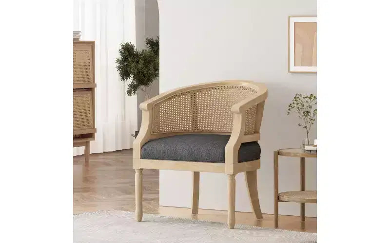 Fauteuil d'appoint en rotin de style Mid-Century avec assise rembourrée, fauteuil à accoudoirs avec cadre en bois d'hévéa massif