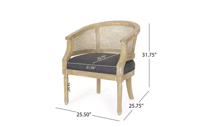 Fauteuil d'appoint en rotin de style Mid-Century avec assise rembourrée, fauteuil à accoudoirs avec cadre en bois d'hévéa massif