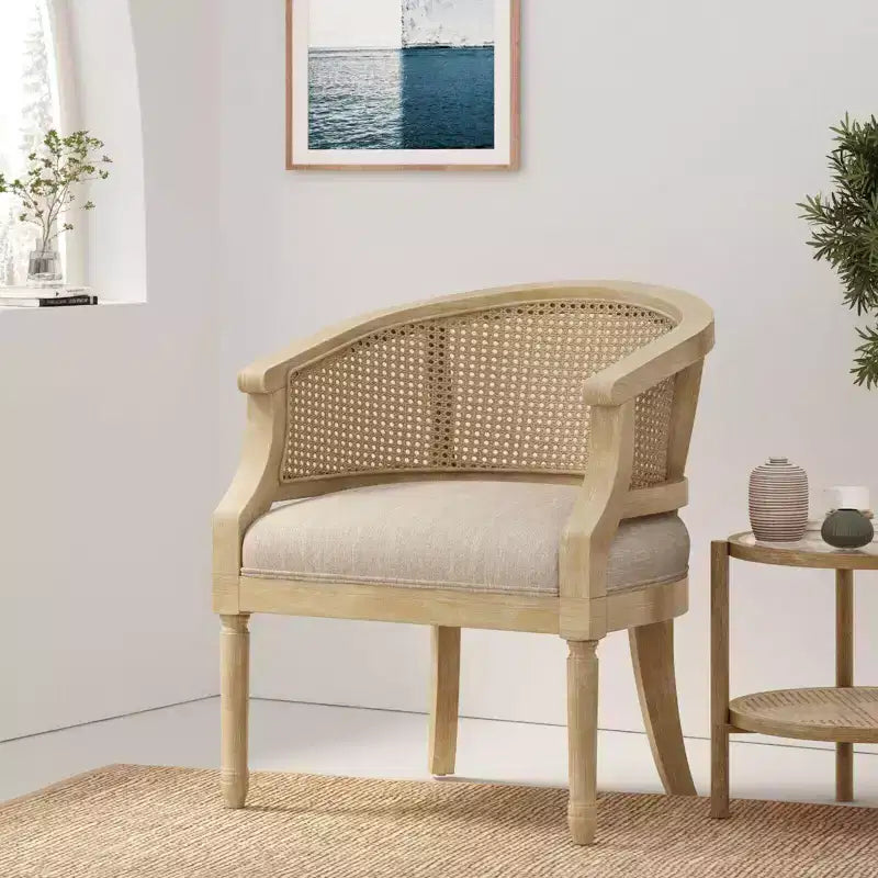 Fauteuil d'appoint en rotin de style Mid-Century avec assise rembourrée, fauteuil à accoudoirs avec cadre en bois d'hévéa massif