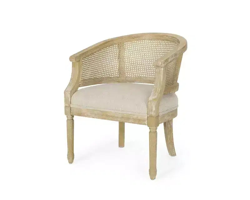 Fauteuil d'appoint en rotin de style Mid-Century avec assise rembourrée, fauteuil à accoudoirs avec cadre en bois d'hévéa massif