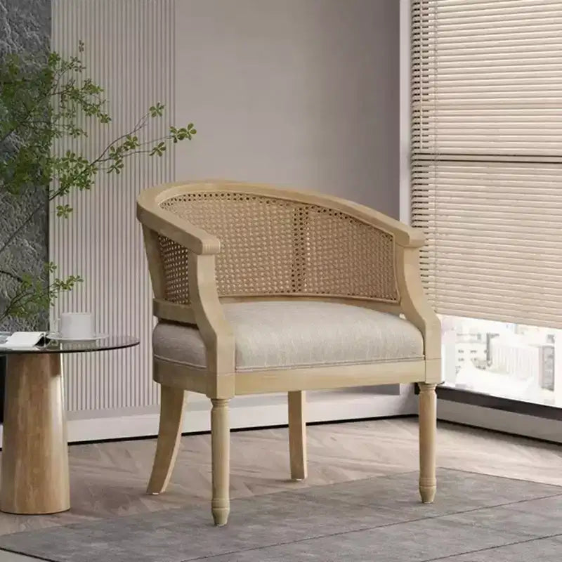 Mid-Century Rattan Accent Chair with Upholstered Seat, Solid Rubber Wood Frame Armchair - ModernLuxe