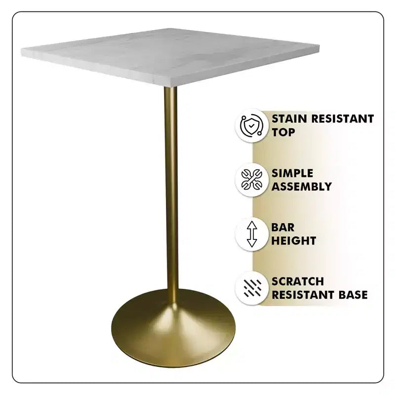 Table de salle à manger 27 pouces de hauteur de bar – Plateau en résine moderne avec piédestal doré brossé – Table de hauteur comptoir pour cuisine, maison et pub