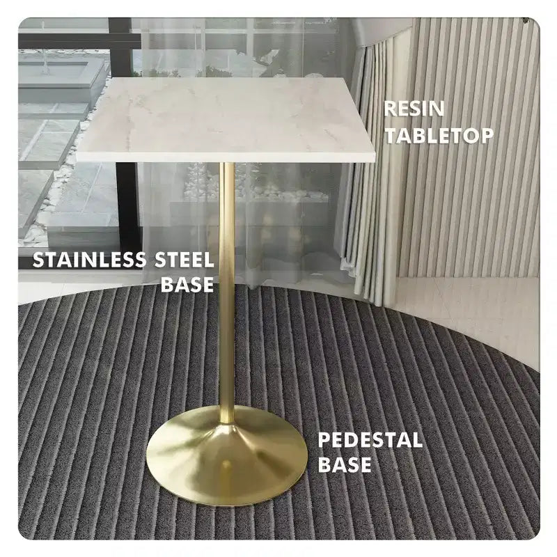 Table de salle à manger 27 pouces de hauteur de bar – Plateau en résine moderne avec piédestal doré brossé – Table de hauteur comptoir pour cuisine, maison et pub