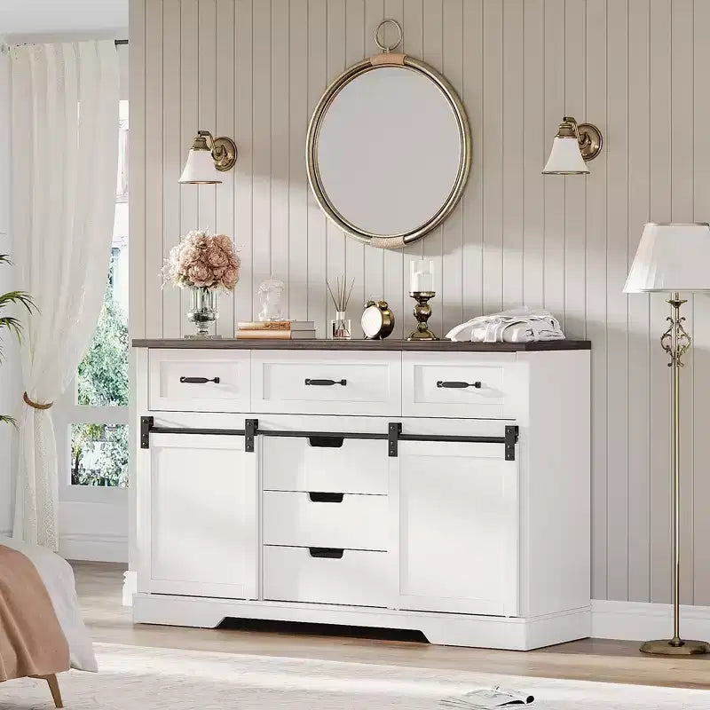47.2 Armoire de buffet de ferme, armoire de salle à manger avec 6 tiroirs, bar à café blanc avec portes de grange coulissantes pour salle à manger, cuisine, salon