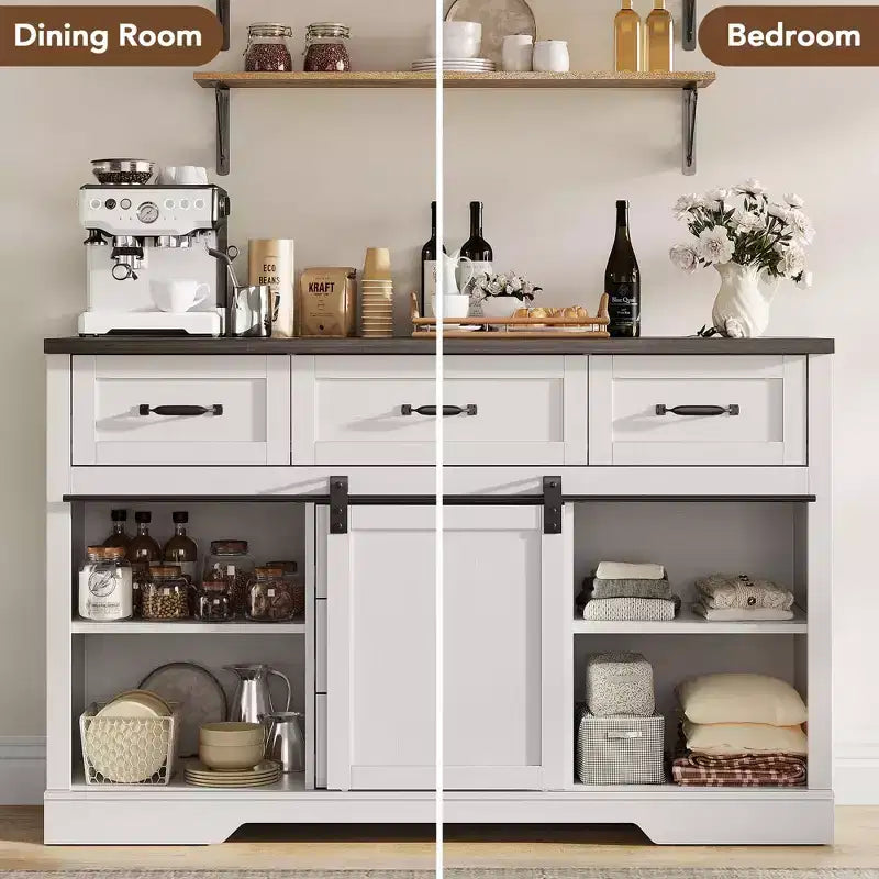 47.2 Armoire de buffet de ferme, armoire de salle à manger avec 6 tiroirs, bar à café blanc avec portes de grange coulissantes pour salle à manger, cuisine, salon