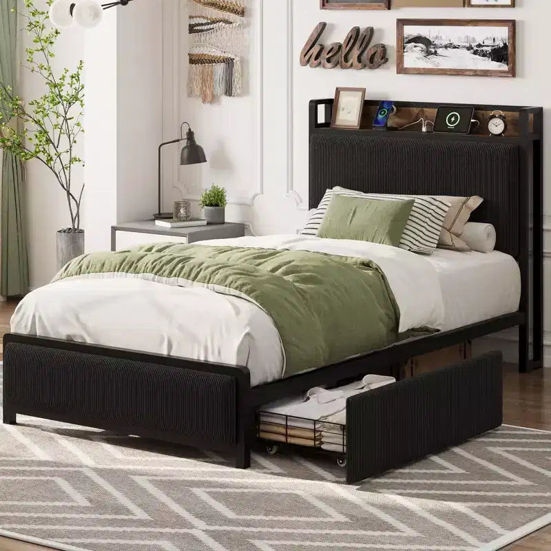Bed Frame with 2 Storage Drawers and Charging Station, Rustic Linen Upholstered Platform Bedframe with Storage Headboard,