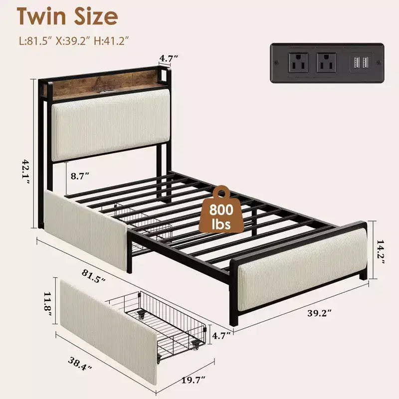 Cadre de lit avec 2 tiroirs de rangement et station de recharge, lit plateforme tapissé de lin rustique avec tête de lit de rangement,