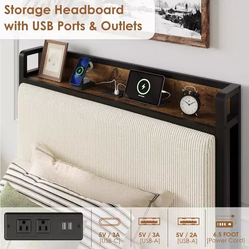Cadre de lit avec 2 tiroirs de rangement et station de recharge, lit plateforme tapissé de lin rustique avec tête de lit de rangement,